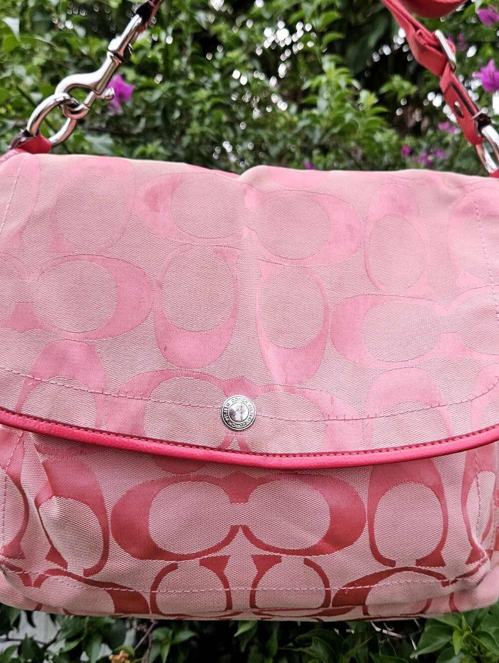 Coach F16557 Pink Signature Jacquard Flap Messenger Crossbody Bag Purse